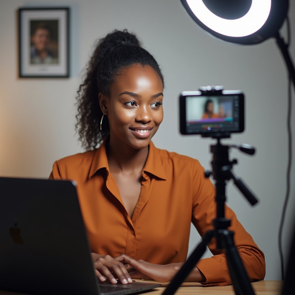Young professional filming a short video at a well-lit home studio desk setup