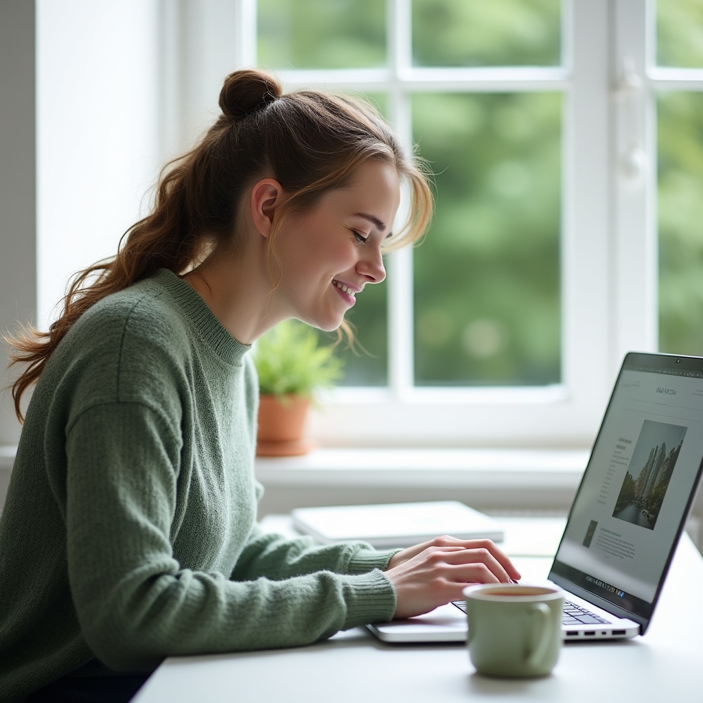 A young freelance professional in their mid-twenties updating their personal website on a laptop in a bright home office environment