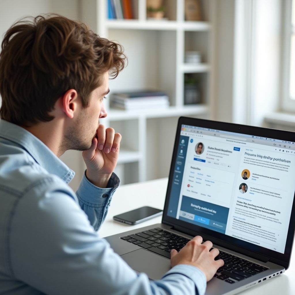 Professional reviewing their LinkedIn profile and personal website on a laptop screen