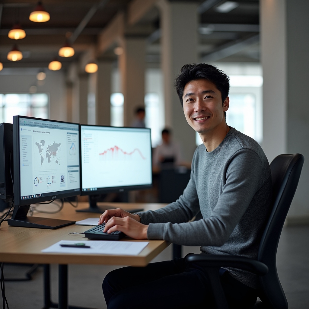 Professional using productivity software on a dual-monitor setup in a modern office