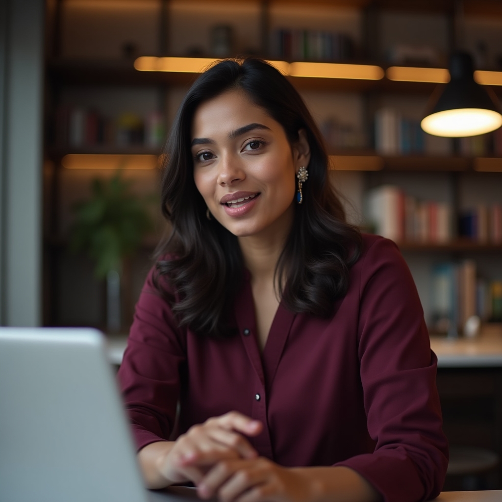 A professional woman in her late twenties presenting a video report on a laptop in a contemporary workspace