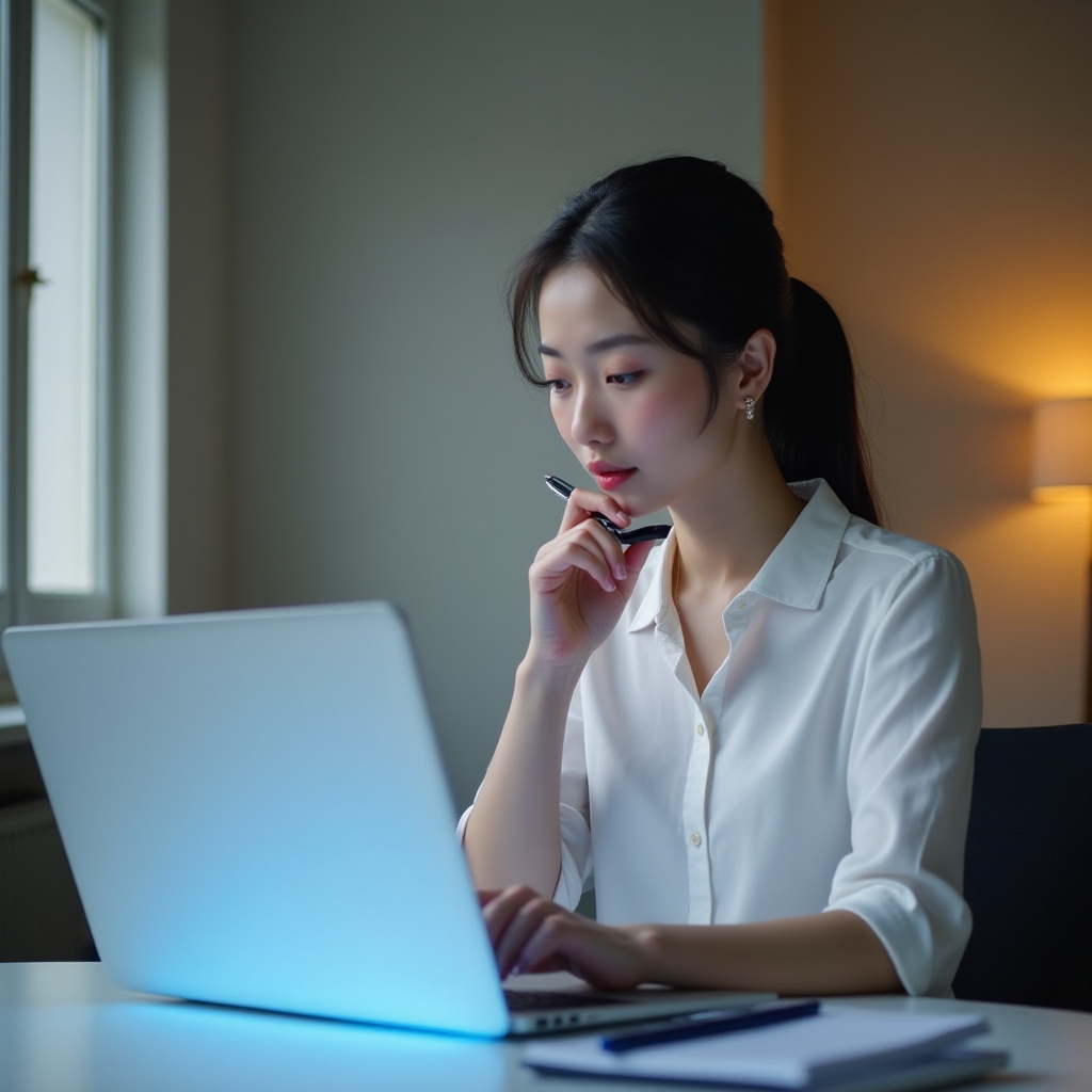 A focused professional woman reviewing written content on a laptop screen in a clean minimalist office with warm afternoon light