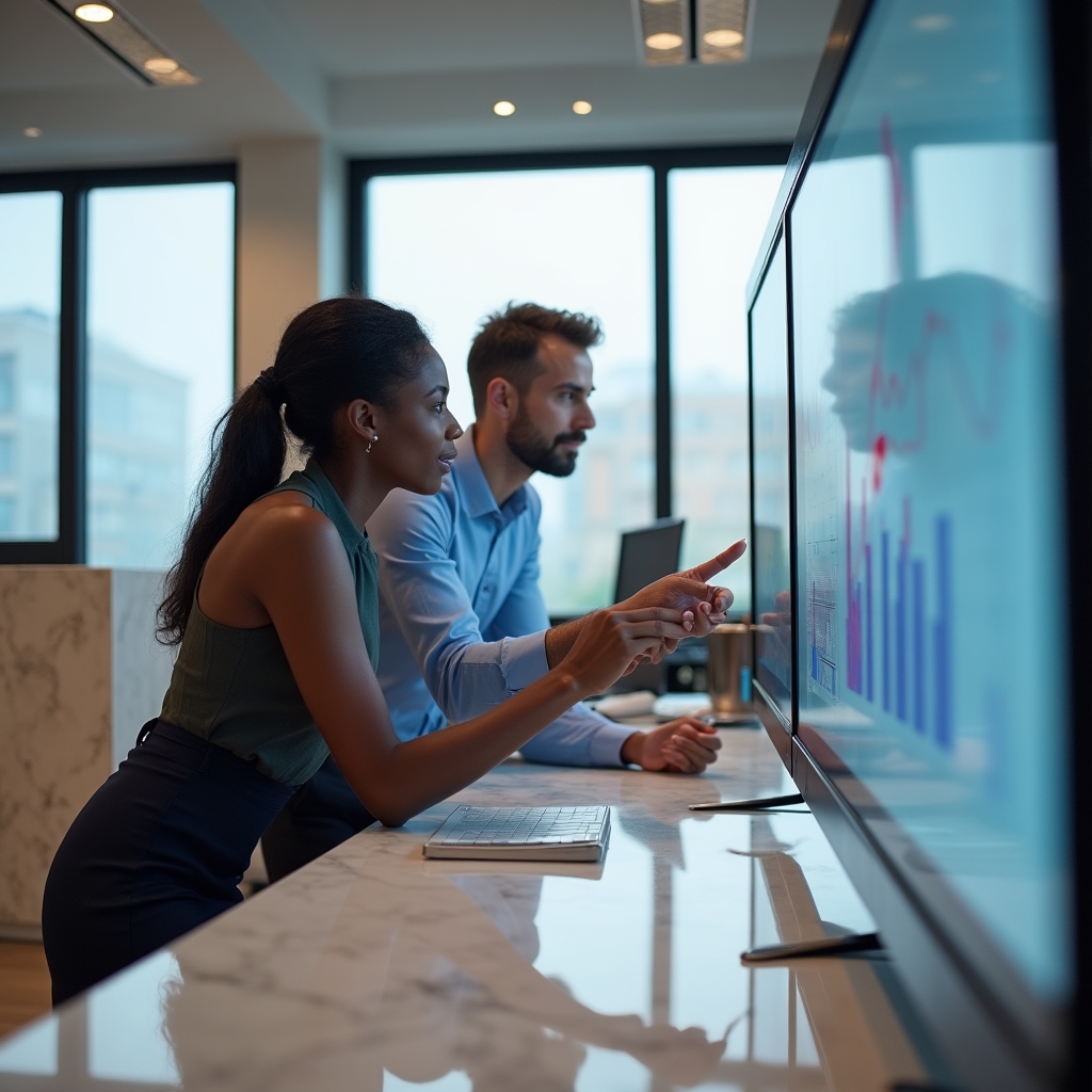 Two professionals in their mid-twenties reviewing data on a shared screen in a bright modern office