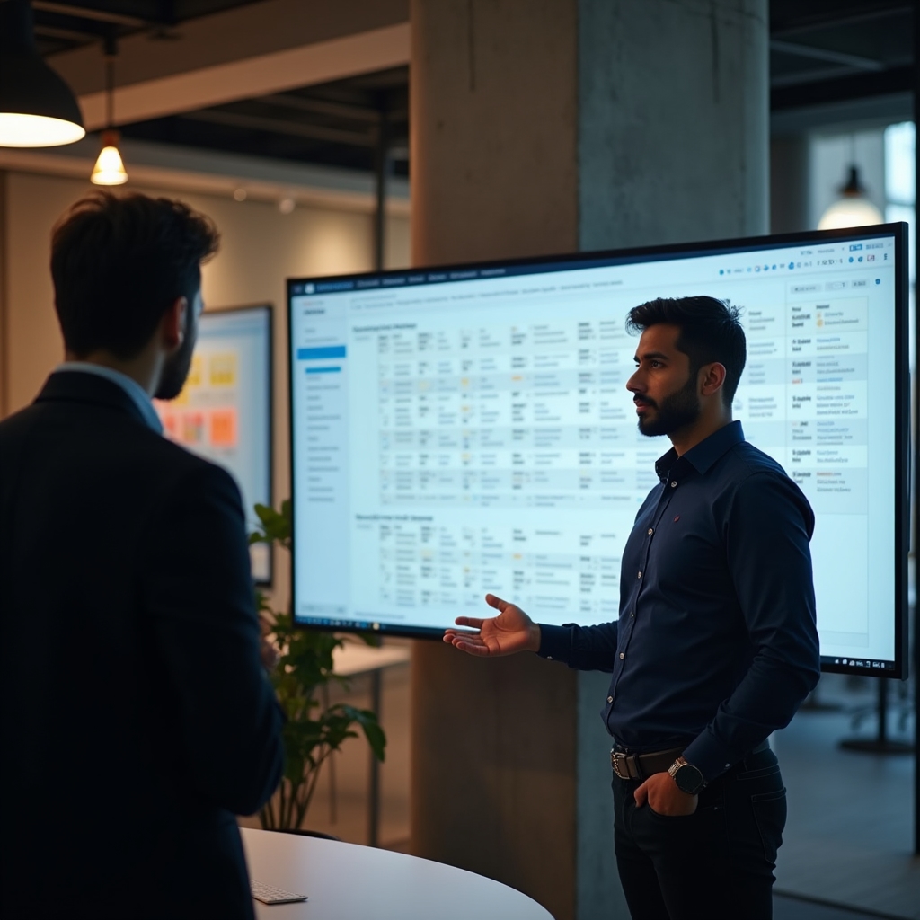 A team lead in their late twenties reviewing a project management dashboard on a large monitor in a contemporary office setting