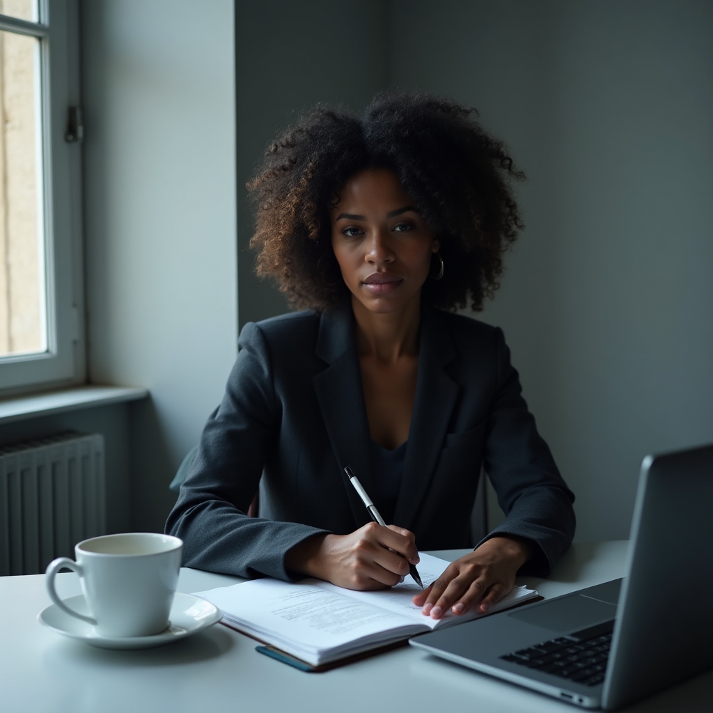 A focused professional in their late twenties working at a tidy desk with a notebook and laptop