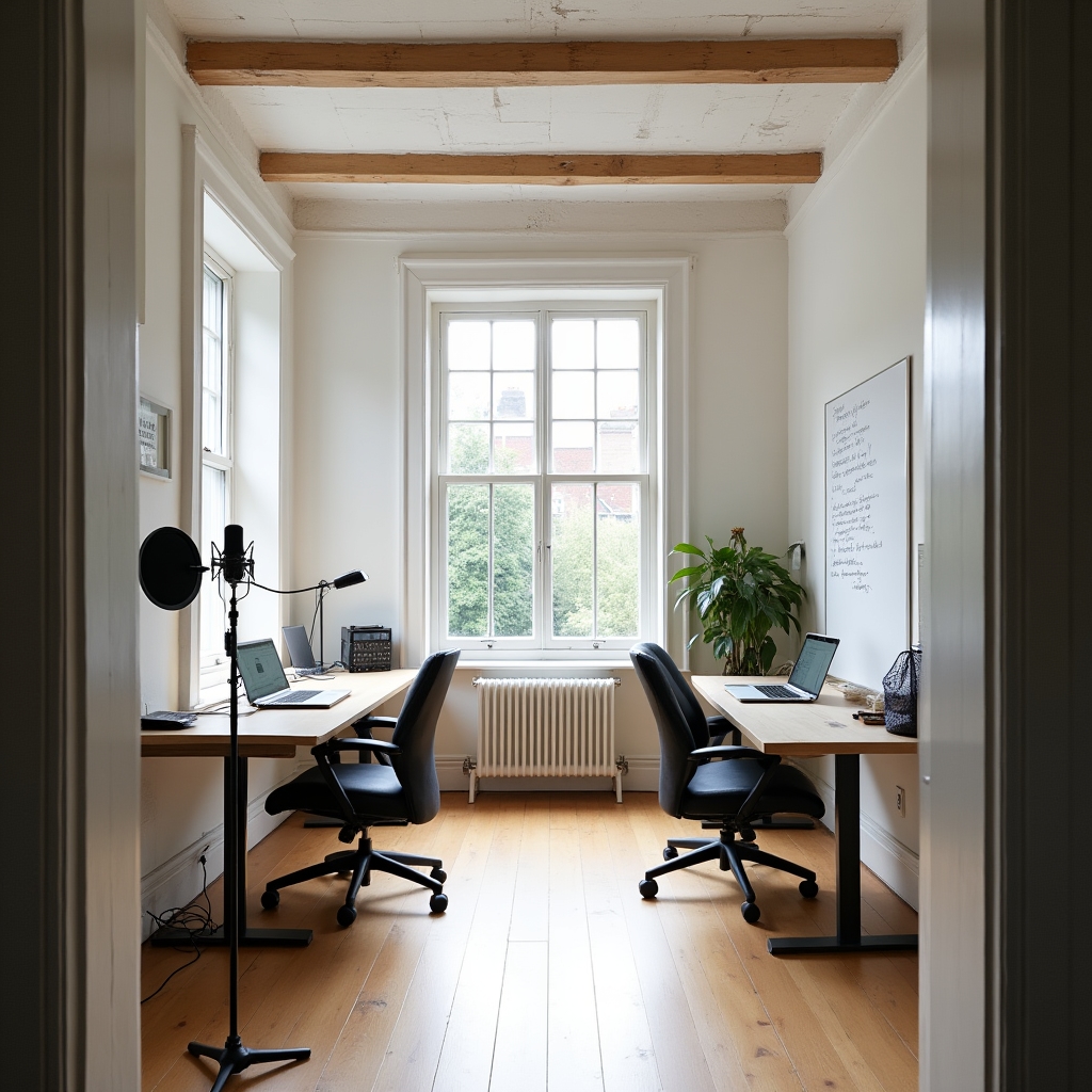 A bright, minimalist office interior with large windows, a clean work desk, and a small recording setup visible in the background